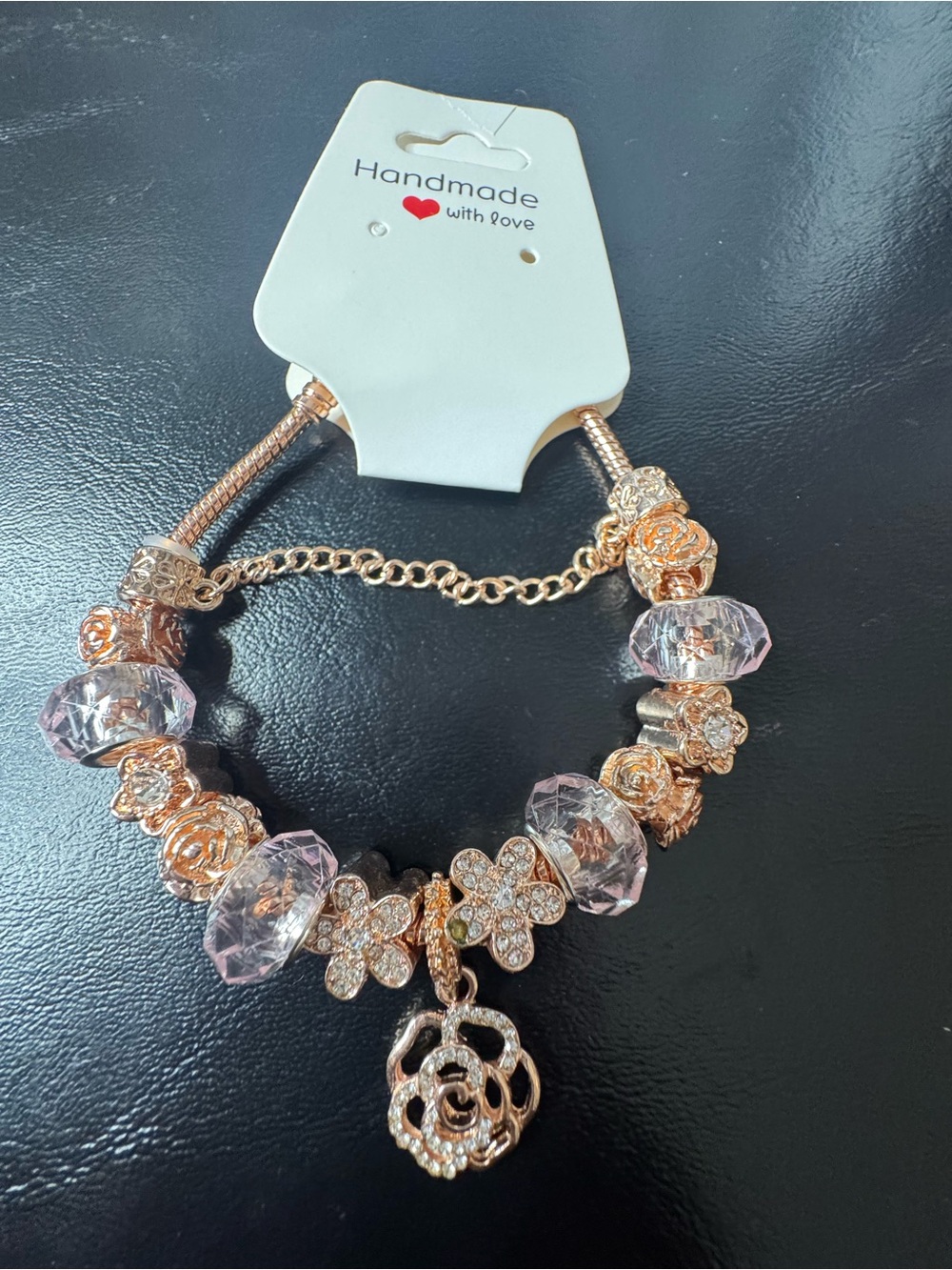 Rose Gold Floral Charm Bracelet with Pink Crystal Beads for Women